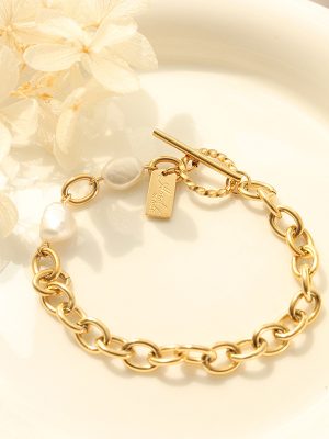 OT Buckle Geometric Square Plate Simple Freshwater Pearl Gold Christmas Bracelet for Women Stainless Steel Jewelry E182