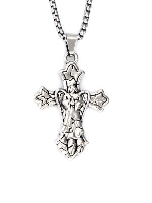 Vintage Cross Stainless Steel Necklace Men's Pendant Accessories Personalized Feather