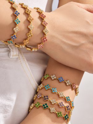 Stainless Steel Gold-Plated Color Zirconium Four-Petal Flower Personality Fashion Necklace Bracelet Ring Earrings Set