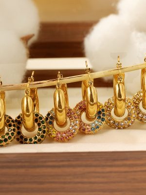 18K Gold Inlaid Zirconium Double Ring Earrings Women's Light Luxury Geometric Earrings All-Match Earrings Ornament