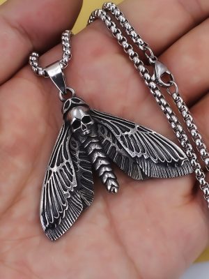 Vintage Death Skull Moth Pendant Necklace Gothic Stainless Steel Ornament Accessories