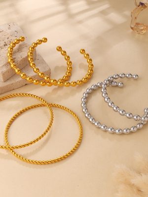 Simple Daily round Beads Twist Design Bracelet Stainless Steel 18K Gold Plating Cuff Bracelet Women