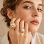 Geometric Light Luxury Inlaid Imitation Pearl Zircon Stainless Steel Plated 18K Gold Jewelry Ring for Women