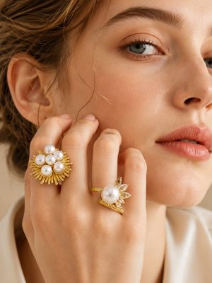 Geometric Light Luxury Inlaid Imitation Pearl Zircon Stainless Steel Plated 18K Gold Jewelry Ring for Women