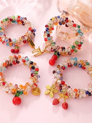 Dopamine Color Crystal DIY Cherry Flower Pendant Elastic Hair Ring Fresh Hair Accessories