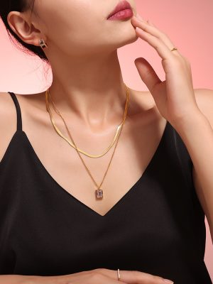 French Double Layer Twin Blade Chain Square Pendant Stainless Steel Vintage Necklace for Women
