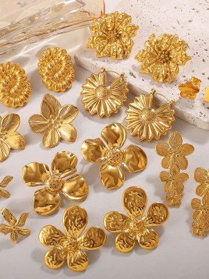Irregular Pleated Wave Chrysanthemum Earrings Stainless Steel 18K Gold Plated All-Match Jewelry
