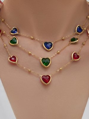 Multi-Cut Glass Stone Love Heart Earrings 18K Gold Plating Geometric Heart Clip Beads Light Luxury Exquisite Necklace Bracelet