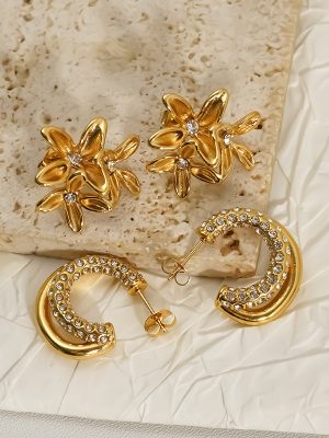 Inlaid Zircon Stainless Steel Flower C- Shaped Stud Earrings Female Plated 18K Advanced All-Match Delicate Earrings