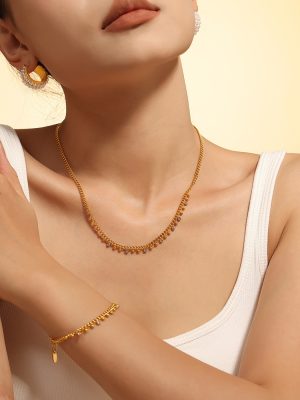 Round Beads Interval Diamond Tassel Necklace Bracelet Stainless Steel Plated 18K Real Gold New Suit