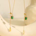 Adjustable Pull-out Emerald Square Zircon Necklace Women's Advanced Stainless Steel Clavicle Chain All-Match Jewelry