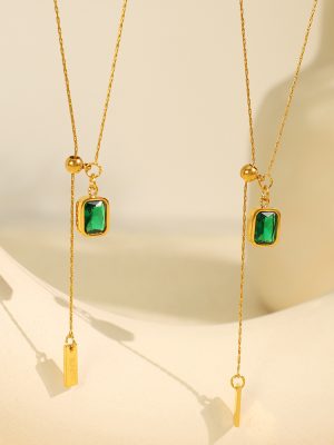 Adjustable Pull-out Emerald Square Zircon Necklace Women's Advanced Stainless Steel Clavicle Chain All-Match Jewelry