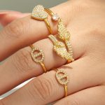 Stainless Steel Gold-Plated Heart Full Inlaid Zircon Geometric Ring Simple Ring Combination