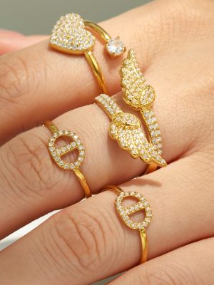 Stainless Steel Gold-Plated Heart Full Inlaid Zircon Geometric Ring Simple Ring Combination