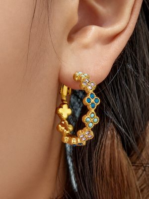 Light Luxury Stainless Steel Color Zirconium Four-Leaf Flower Eardrops Simple Personality Geometric Advanced Jewelry Earrings Ladies