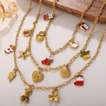 New Christmas DIY Dripping Oil Cartoon Pendant Necklace Stainless Steel 18K Gold Plating All-Match Ornament Women