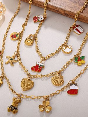 New Christmas DIY Dripping Oil Cartoon Pendant Necklace Stainless Steel 18K Gold Plating All-Match Ornament Women