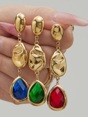 Elegant Drop-Shaped Czech Glass Stone Pendant Stainless Steel Earrings Flash High Quality Earrings 18K Gold Plating