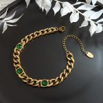 Grid Choker Simple Stainless Steel Gold Plated Cuban Link Chain Inlaid White Green Zircon Bracelet Necklace Jewelry Set