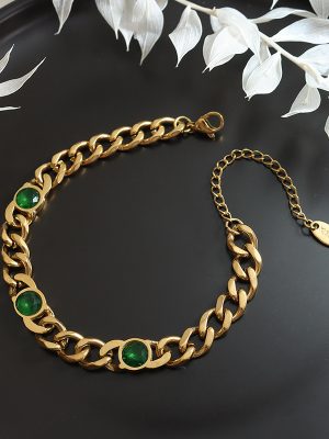 Grid Choker Simple Stainless Steel Gold Plated Cuban Link Chain Inlaid White Green Zircon Bracelet Necklace Jewelry Set