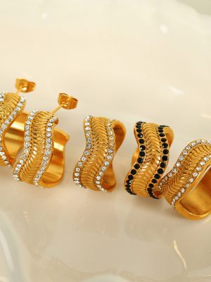 Chic Commute Minimalist Personality Snake Scale Texture Inlaid Czech Diamond Stainless Steel Earrings Shaped Ring