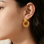 Gold double-layer circular stainless steel earrings with textured C- shaped exaggerated earrings, U-shaped ear clips for women.