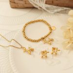 Balloon Dog Necklace Puppy Bracelet Stainless Steel 18K Gold Plating Earings Set Four-Leaf Clover