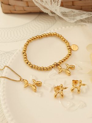 Balloon Dog Necklace Puppy Bracelet Stainless Steel 18K Gold Plating Earings Set Four-Leaf Clover