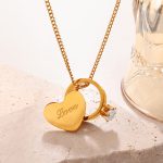 Gold Love Heart-Shaped Ring Pairs Pendant Chain Love Word Printed Diamond-Studded Design Twin Couple Necklace