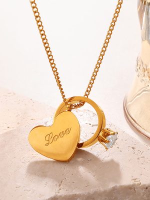 Gold Love Heart-Shaped Ring Pairs Pendant Chain Love Word Printed Diamond-Studded Design Twin Couple Necklace