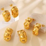 Retro Irregular Metal Texture Earrings 18K Gold Vertical Glossy Concave-Convex Design Earrings