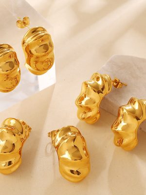 Retro Irregular Metal Texture Earrings 18K Gold Vertical Glossy Concave-Convex Design Earrings