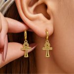 Gold Ankh pendant earrings, vintage Egyptian stainless steel ornament