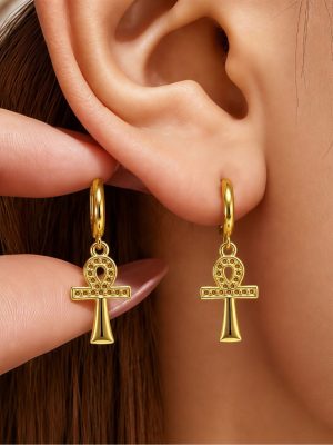 Gold Ankh pendant earrings, vintage Egyptian stainless steel ornament