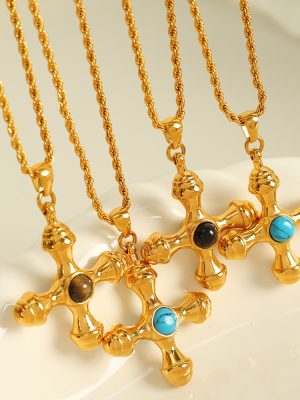 Ornament Retro Temperament Wild Creative Cross Inlaid Tigereye Pendant Necklace Earrings for Women