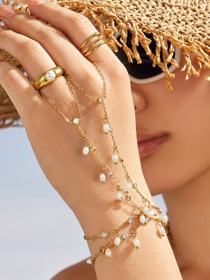 Imitation Pearl Super Flash Zircon Bracelet Stainless Steel 18K Gold Plating Senior Female Finger Chain