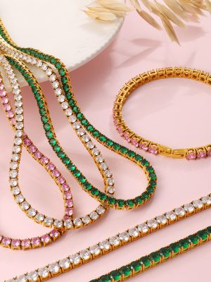 Colorful round Zircon Tennis Chain Bracelet Women's Non-Fading Light Luxury High-Grade Exquisite Jewelry Set