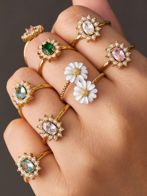 Stainless Steel Colored Glass Flower Open Ring Female 18K Gold Light Luxury Advanced Commuter Ring