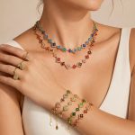 Four-Leaf Flower Inlaid Super Flash Rhinestone Stainless Steel Plated 18K Gold Earrings Ring Bracelet and Necklace Set