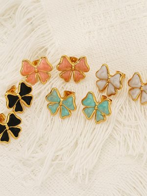 Drop Oil Gold Plated Dopamine Bow Stud Earrings Women's New Personalized All-Match Stainless Steel Earrings