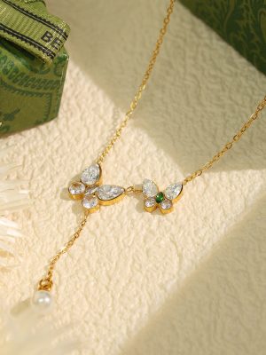 I Necklace Women's Stainless Steel All-Match Commute Butterfly Tassel Pearl Clavicle Exquisite