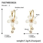 color: F607-2 White Resin Flower Tassel Earrings