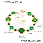 color: TXE274-Gold Green Glass Stone Bracelet 16+5cm