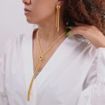 Gold Knotted Tassel Snake Chain Long Necklace Earrings Plated 18K Real Gold Stainless Steel Set