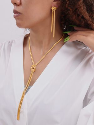 Gold Knotted Tassel Snake Chain Long Necklace Earrings Plated 18K Real Gold Stainless Steel Set