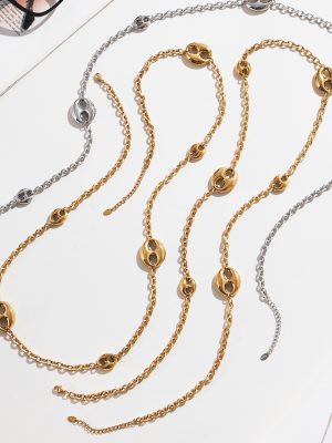 Fine Polished Hollow Coffee Bean Long Sweater Chain Plated 18K Real Gold Stainless Steel Twin Necklace