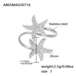 color: A805-Steel Color 5A Zircon Double Starfish Ring -Size 7 / size: US 7