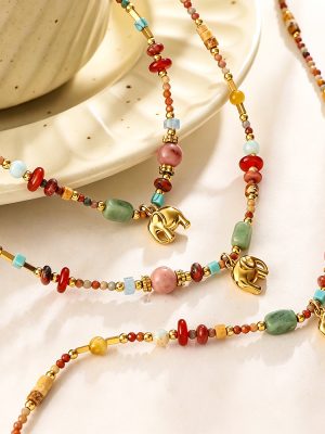 Retro Contrast Color Natural Stone Handmade Beaded Necklace Stainless Steel Elephant Pendant All-Match Clavicle Chain