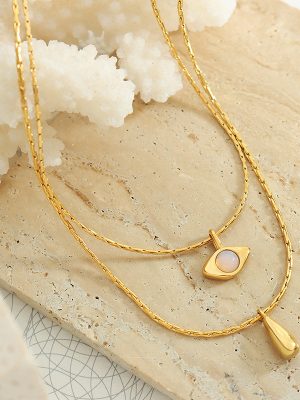 French Retro Non-Fading Double-Layer Stainless Steel Plated 18K Real Gold Opal Water Drop Pendant Necklace Light Luxury Ornament Women