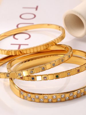 Stainless Steel Thin Square Plaid Striped round Diamond Color Gold-Plated Bracelet Bracelet